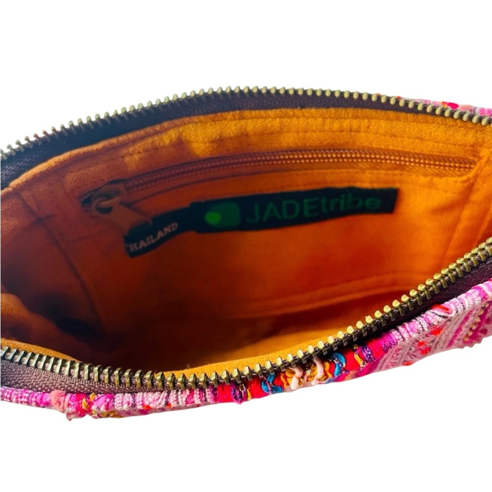 Pink Toned Handcrafted Woven Jade Tribe Clutch pull tab and leather Fringe - Picture 2 of 12